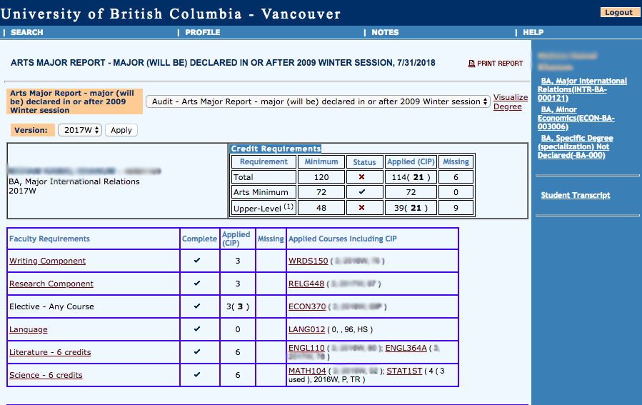 Screenshot of sample Degree Navigator page