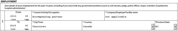 Employment section screenshot for spouse or partner work permit