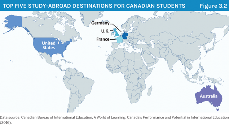Map showing top five study abroad destinations for Canadian students