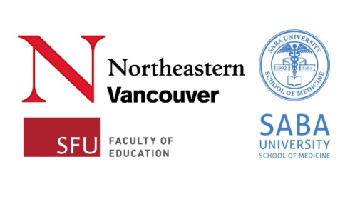 Sponsor logos for the Graduate and Professional Schools Fair: Northeastern University Vancouver, Simon Fraser University Faculty of Education, SABA University School of Medicine.