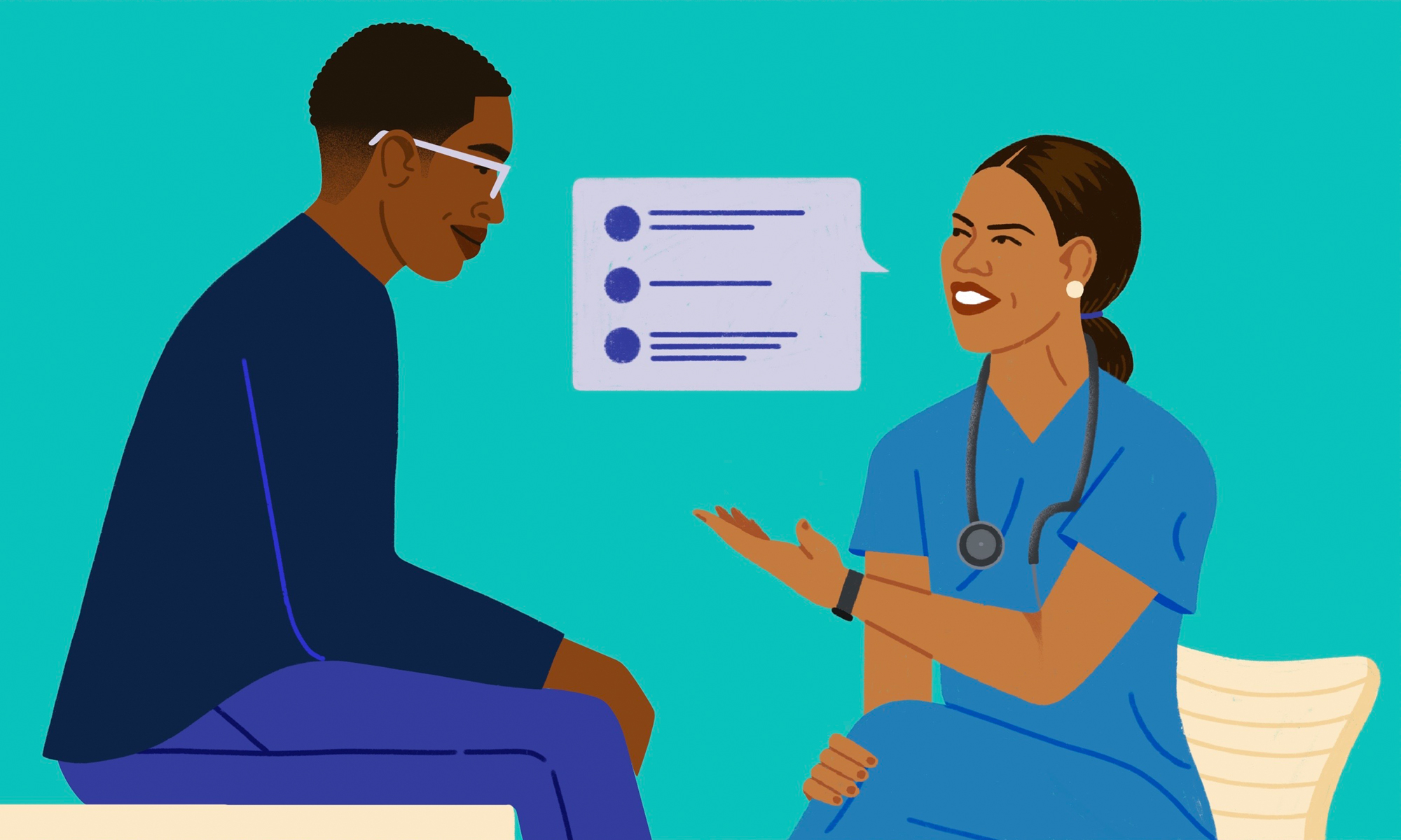 Vector illustration of a doctor discussing healthcare options with a patient