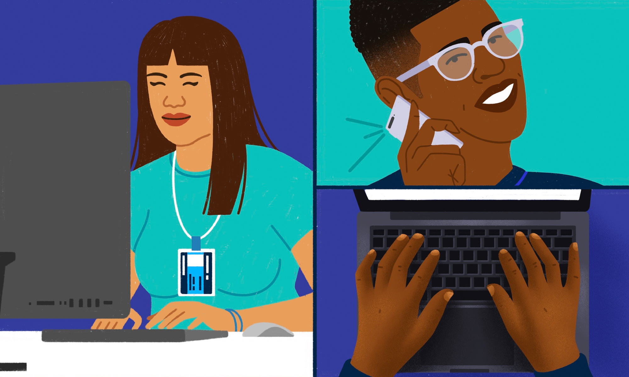 Vector illustration of a UBC student booking an appointment by phone with a Student Health Service staff member
