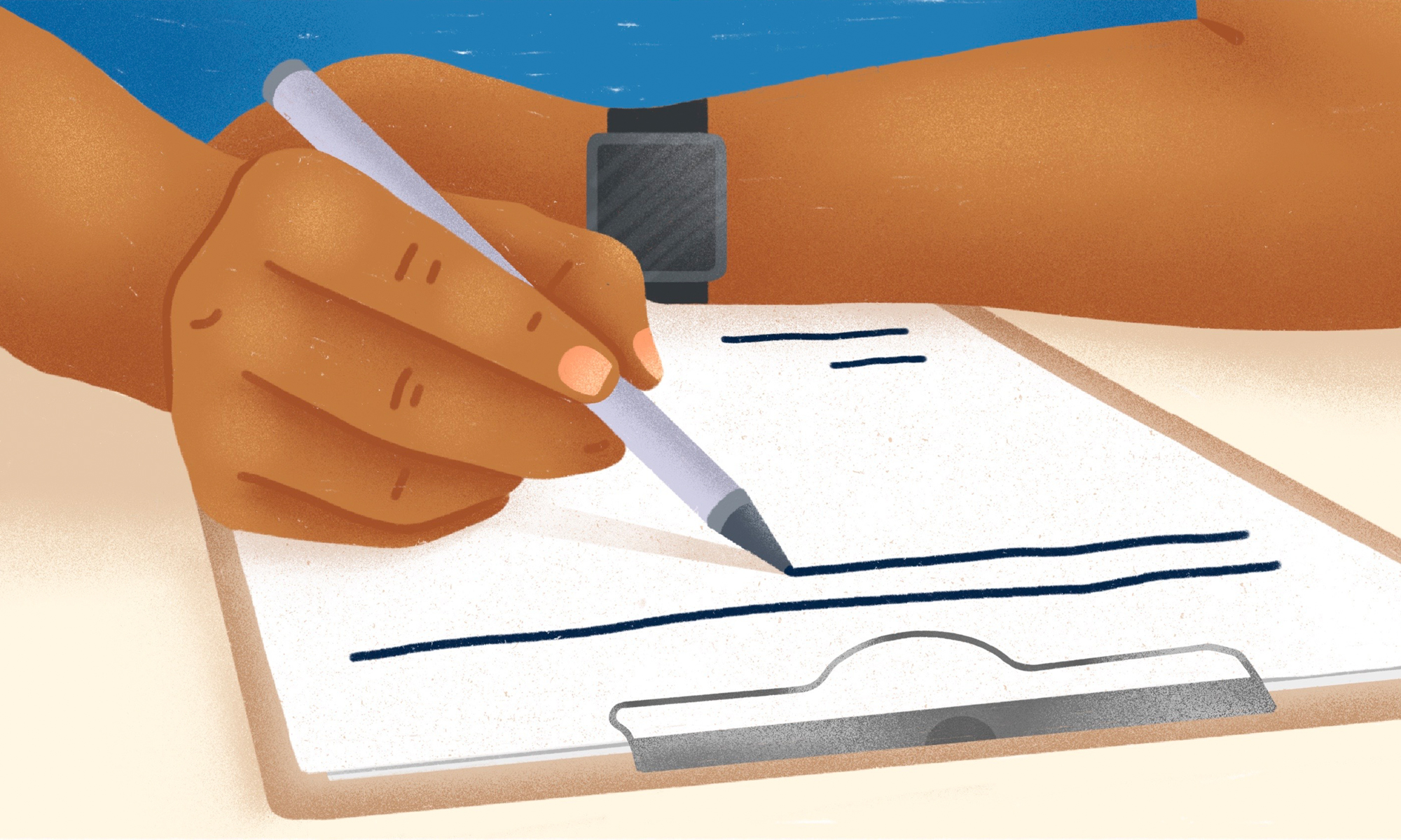 Vector illustration of a hand filling out a paper form
