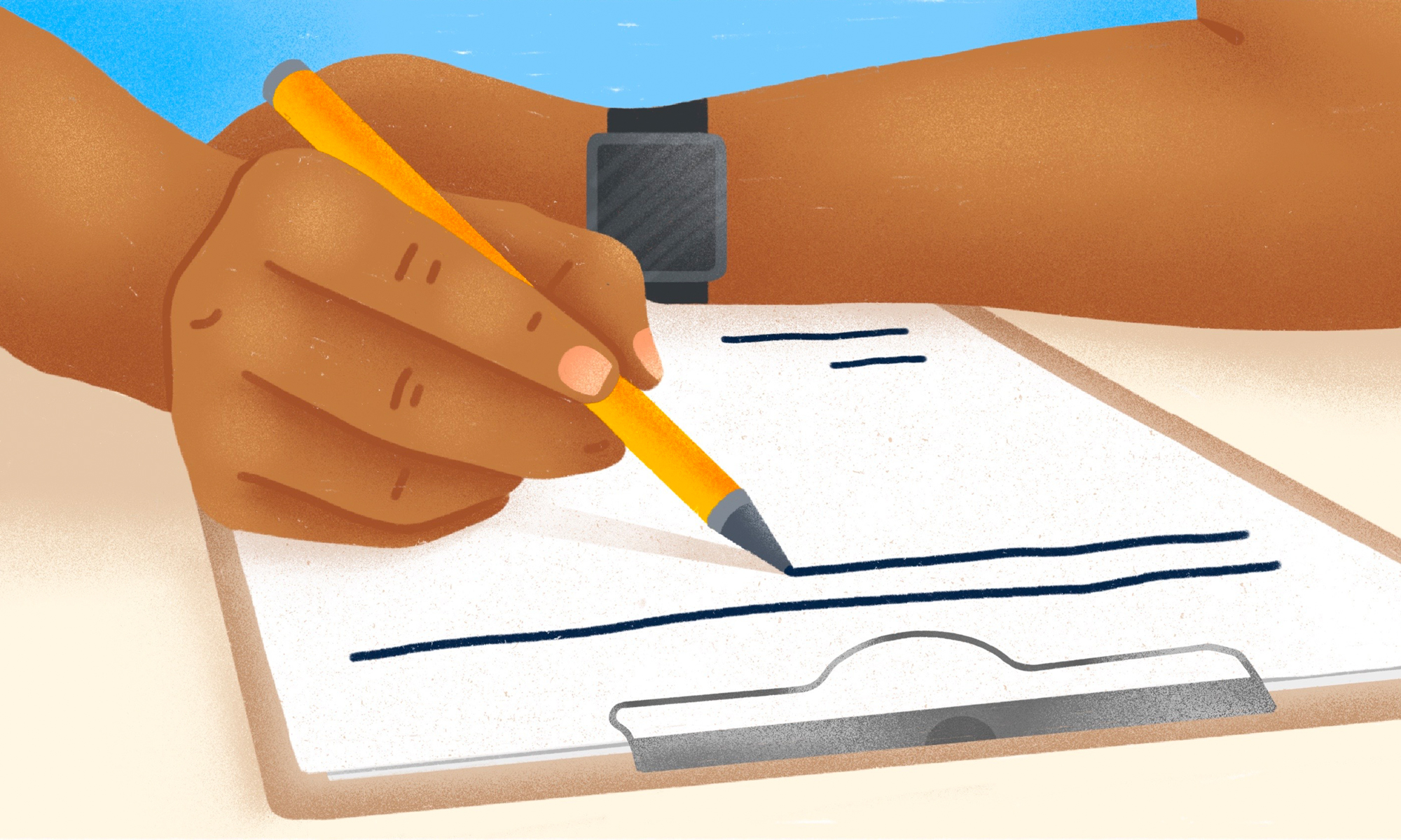 Vector illustration of a hand filling out a paper form on a clipboard