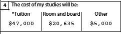 The "The cost of my studies will be" section of the study permit application form filled out.