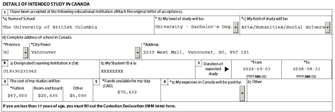 The "Details of Intended Study in Canada" section of the study permit application form filled out with student and institution information, including the Designated Learning Institution number. 