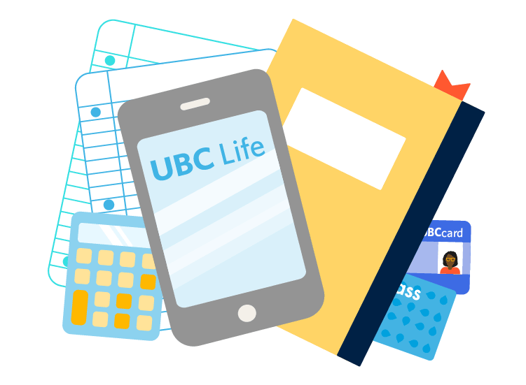 Illustration of UBC Life mobile phone on top of notepaper and notepad