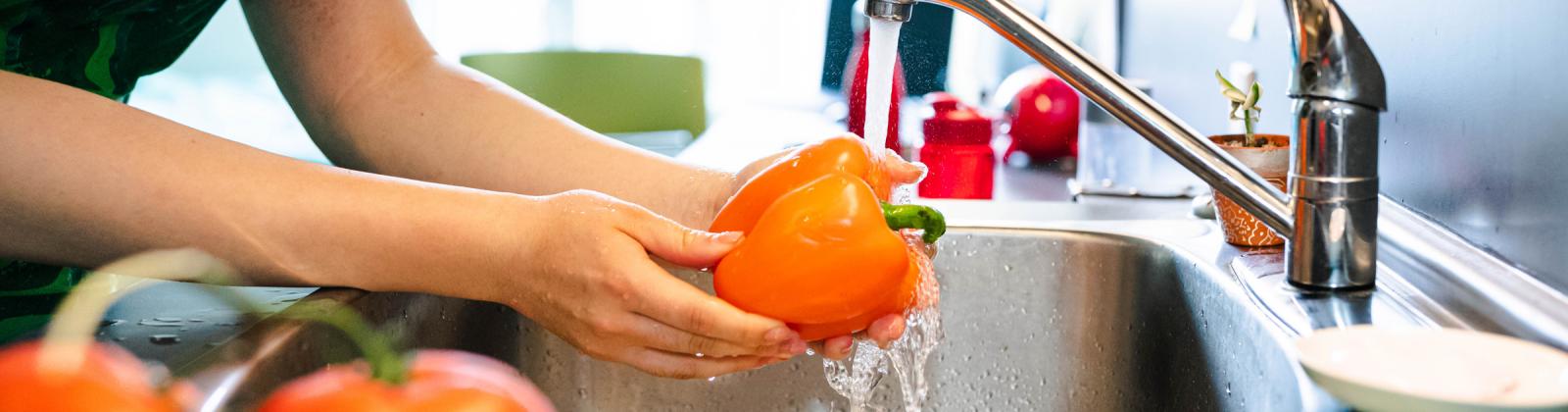 student washing a pepper in her dorm room