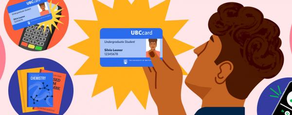 An illustration of a student holding their UBCcard. The student and UBCcard are surrounded by a UBC t-shirt, books, a UBCcard being tapped on a payment terminal, an iPhone playing music, and a bowl of ramen