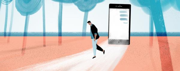 Illustration of person stepping out of a phone