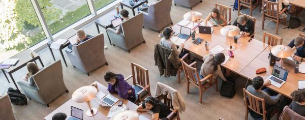 Aerial shot of students studying in the Ridington Room in Irving K. Barber Learning Centre