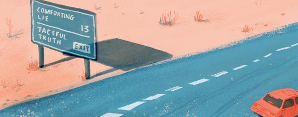 Illustration of car turning into a highway exit that leads to Tactful Truths