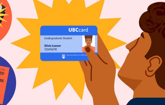 An illustration of a student holding their UBCcard. The student and UBCcard are surrounded by a UBC t-shirt, books, a UBCcard being tapped on a payment terminal, an iPhone playing music, and a bowl of ramen