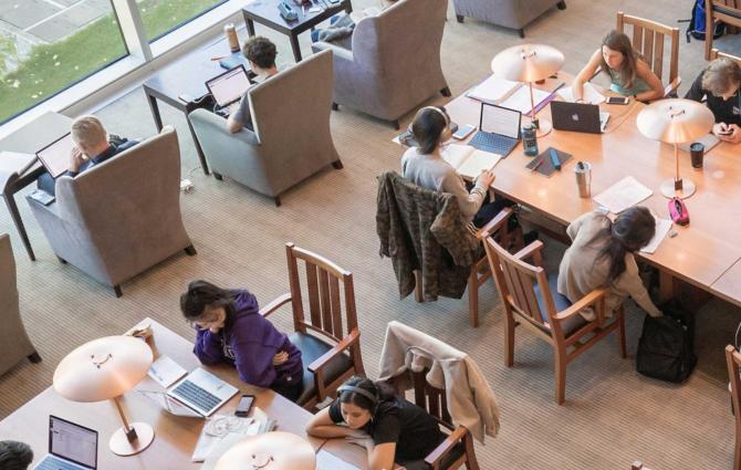 Aerial shot of students studying in the Ridington Room in Irving K. Barber Learning Centre