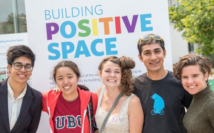 group of people standing in front of Positive Space poster