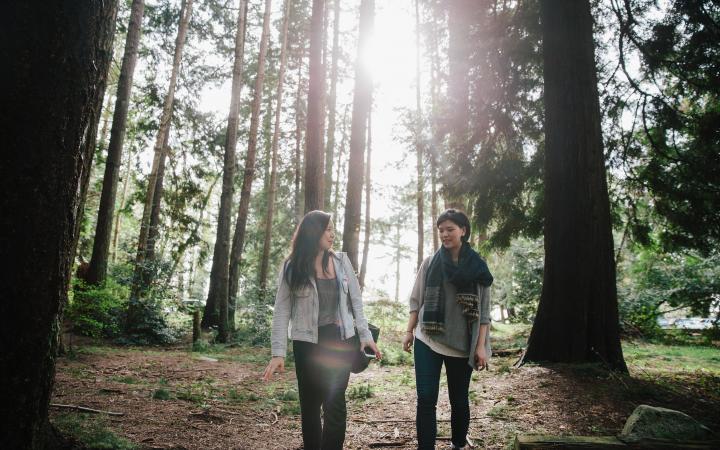 Two friends walking in a forested area on campus