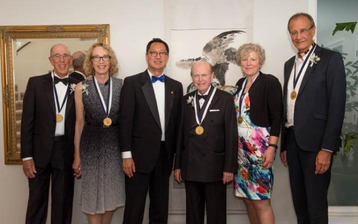 Professor Santa Ono with the first President’s Medal of Excellence award recipients:  Bill Levine, Risa Levine, Jim Pattison, Angela Redish, and Linc Kesler