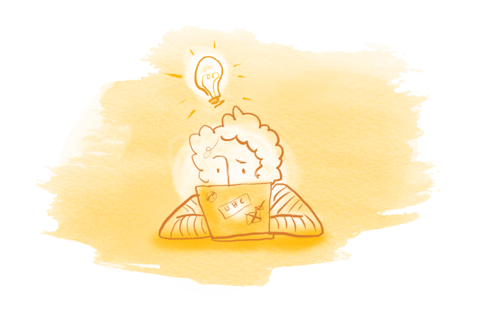 Illustration of person at a laptop with a lightbulb idea