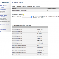 Screenshot of sample Transfer Credit section of SSC