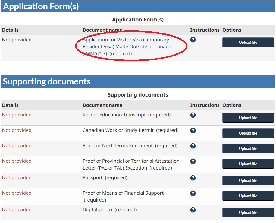Screenshot of the document checklist for the TRV application