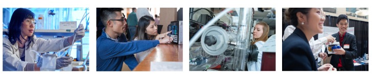 A banner with four different images representing Engineering experiences. From left to right: A student in a white coat, gloves, and goggles working in a lab, two students using a machine, a lab working in front of a large glass panel, students presenting a research poster board at a conference.