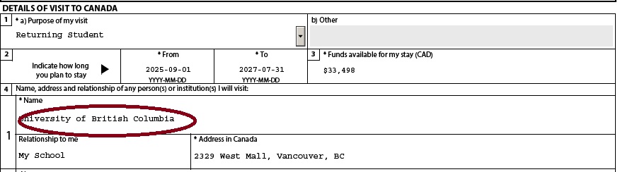 Screenshot of the "Details of Visit to Canada" section