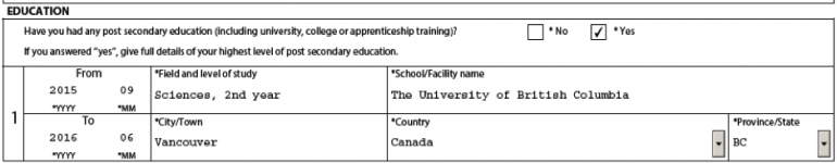Screenshot of the Education section for the application to extend your co-op work permit
