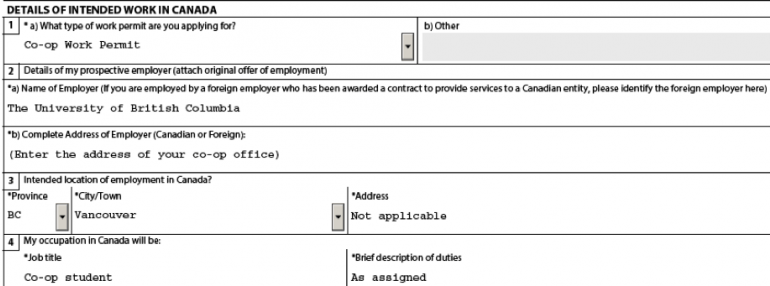 Screenshot of the Details of Prospective Employer section for the application to extend your co-op work permit