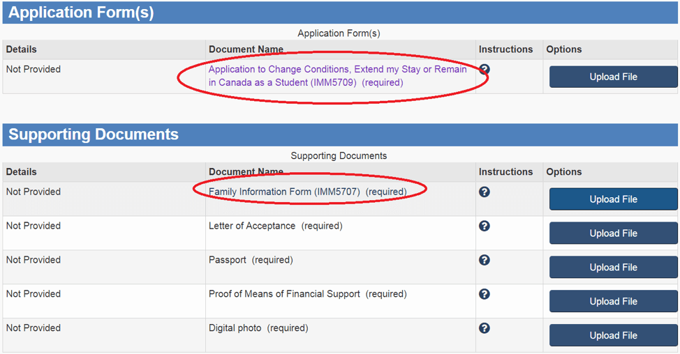Screenshot of the application form to select for extending your study permit