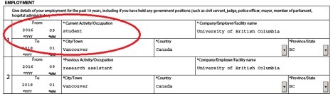 Screenshot of the "employment" section on the application form to extend your study permit