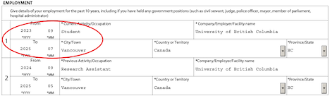 screenshot of employment section on the study permit extension form