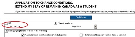 Screenshot of the "UCI" section on the application form to extend your study permit