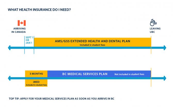 Infographic explaining the timelines for the AMS/GSS Extended Health and Dental Plan and BC Medical Services Plan