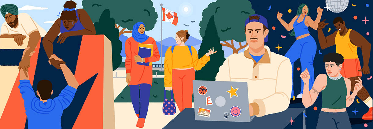 Vector illustration of UBC students doing different activities on campus. From left to right: students participating in the UBC tradition, Storm the Wall, students talking while walking down Main Mall, a student studying with his laptop, students dancing under a disco ball