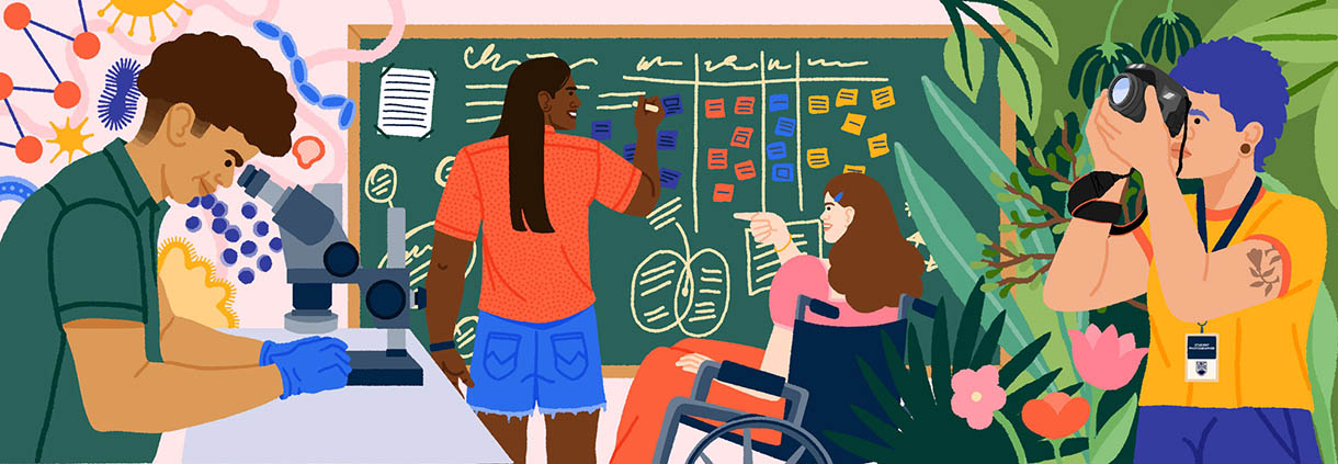 Vector illustration of UBC students doing different activities related to building their career and experience. From left to right: conducting research by examining specimen under a microscope, analyzing charts and data on a blackboard, taking photos of the natural world