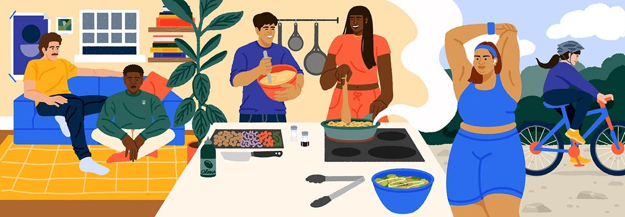 Vector illustration of UBC students doing different activities. From left to right: lounging in a cozy living space, making a meal together, stretching before a workout, and riding a bike