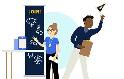 Vector illustration of two UBC students at a Clubs Day booth introducing their club.