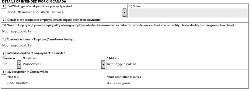 Screenshot of the "Prospective employer" section on the PGWP application form