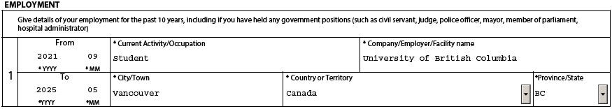 Screenshot of the "Employment" section on the PGWP application form