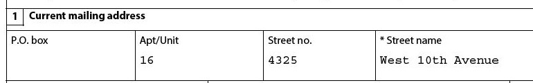 Screenshot of the "Address" section on the spouse or partner work permit application form