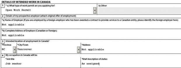 Screenshot of the "Employer" section on the spouse or partner work permit application form