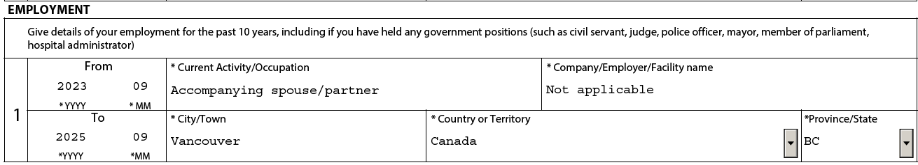 Screenshot of the "Employment" section on the spouse or partner work permit application form.