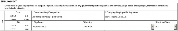 Screenshot of the "Employment" section on the spouse or partner work permit application form
