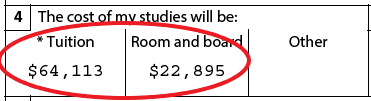 Screenshot of the "Cost of studies" section on your initial study permit application