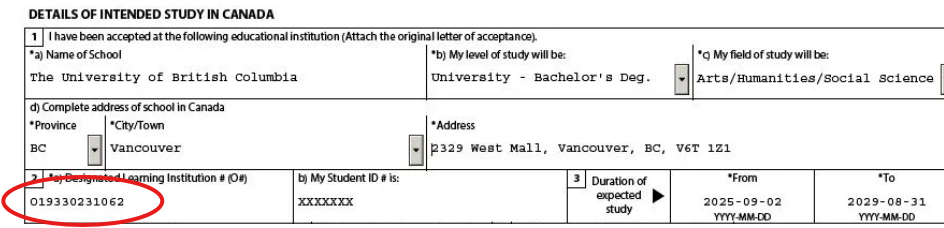 Screenshot of the "DLI" section on your initial study permit application
