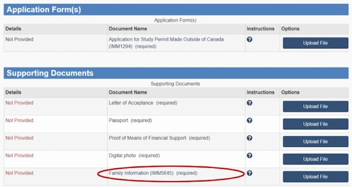 Screenshot of the "Family information form" section of the Supporting Documents for an initial study permit application