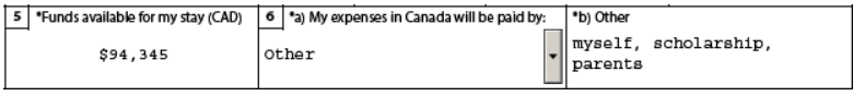 Screenshot of how to fill out "Funds available" section on initial study permit application