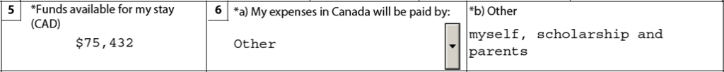 Screenshot of the "Available funds" section on your initial study permit application