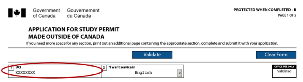 Screenshot of the "UCI" section on your initial study permit application