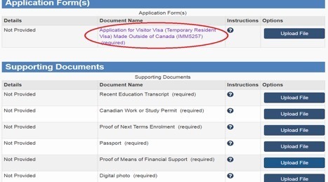 Screenshot of the document checklist for the TRV application